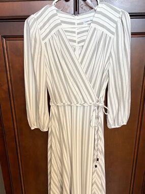 Calvin Klein Cream and Gray Striped Wrap Faux Maxi Dress